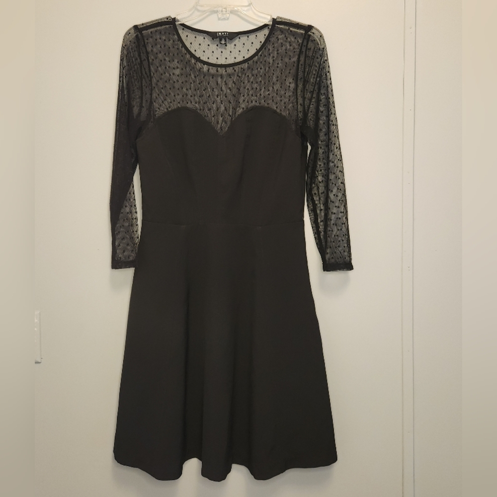 Isaac Mizrahi Black Fit-and-Flare Dress with Sheer Polka-Dot Sleeves Size 6